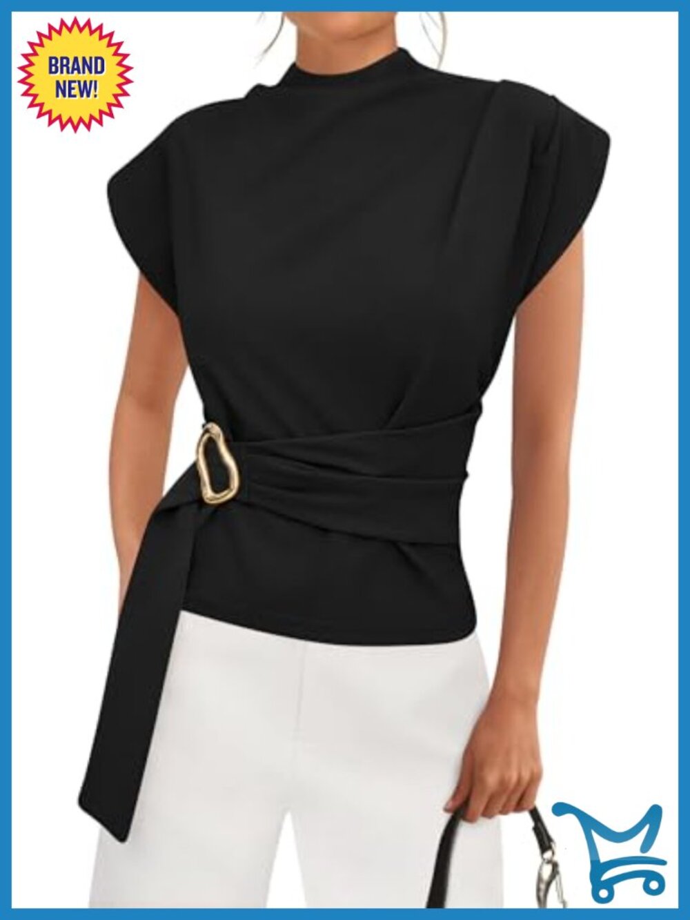 Cap Sleeve Mock Neck Tunic Blouse with Gold Buckle Detail